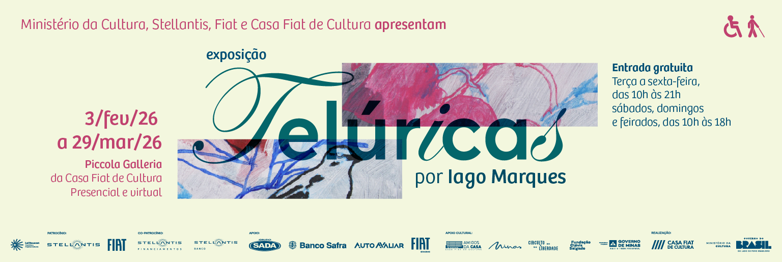 Banner de divulgação da exposição Telúricas, da Piccola Galleria. A imagem tem informações sobre a gratuidade e o período de exposição: de 3 de fevereiro a 29 de março de 2026.