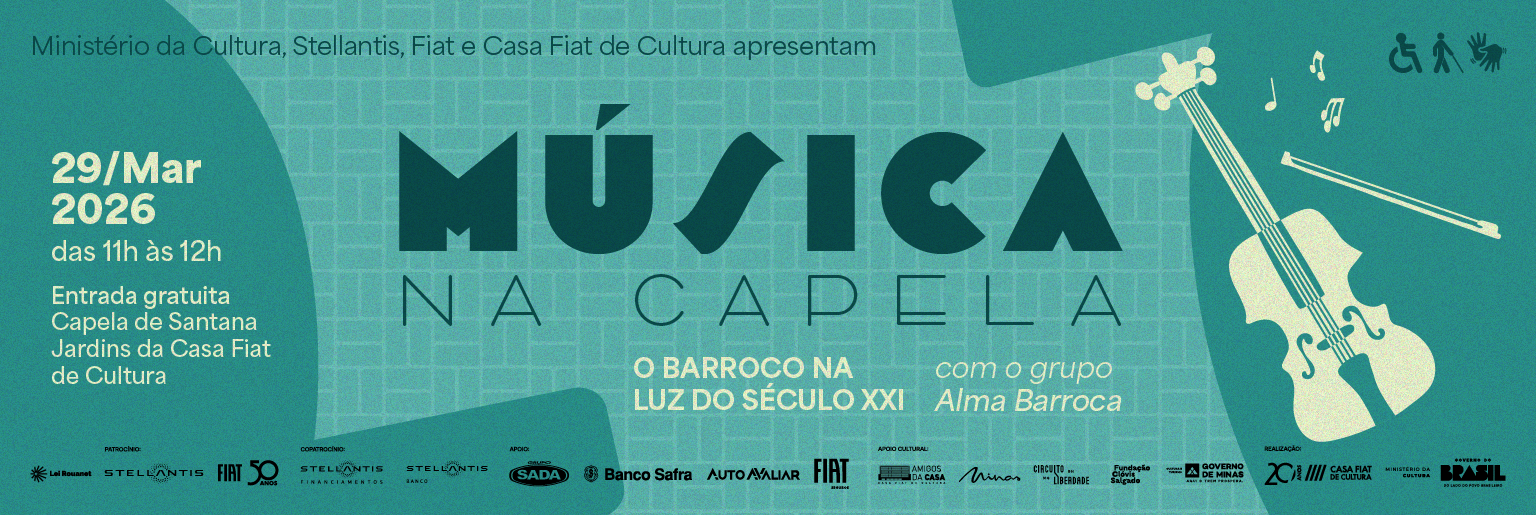 Banner com fundo verde azulado e informações sobre a programação do Música na Capela. Na lateral, um instrumento musical.