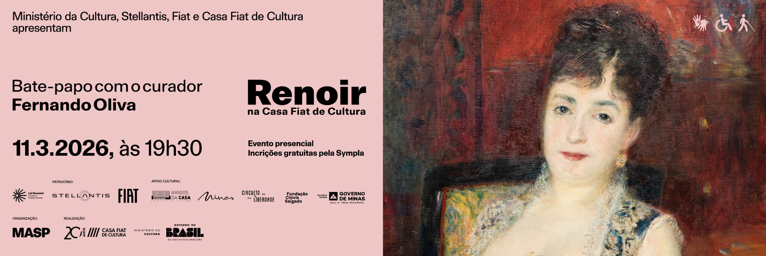 Banner de divulgação do bate-papo de abertura da exposição Renoir. Nele, vê-se informações de serviço e uma imagem de obra com uma dama sentada com roupa de festa.