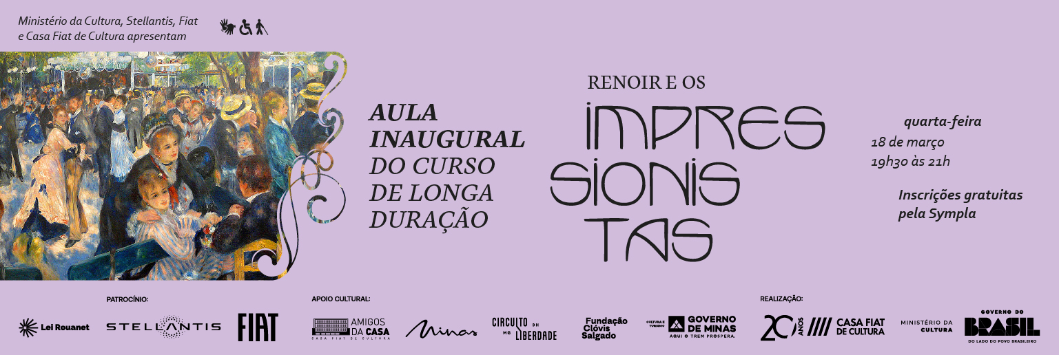 Banner da aula inaugural do curso de longa duração de Renoir e os Impressionistas. Fundo lilás com aplicação de obra do período.