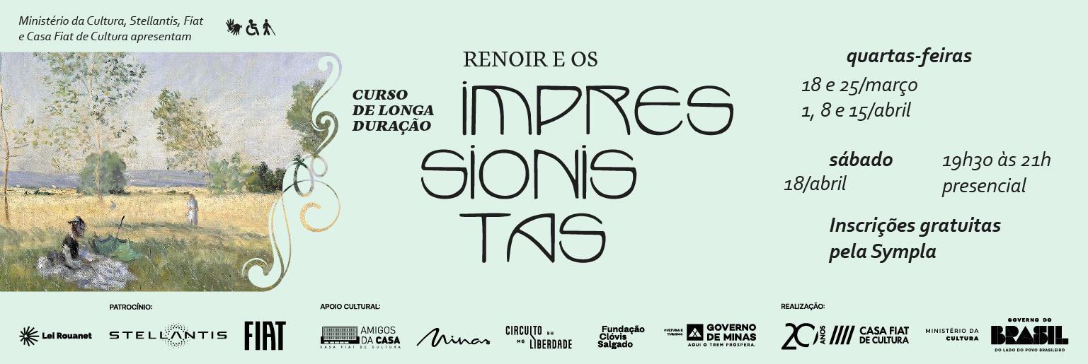 Banner do curso de longa duração de Renoir e os Impressionistas. Fundo verde claro com aplicação de obra do período.