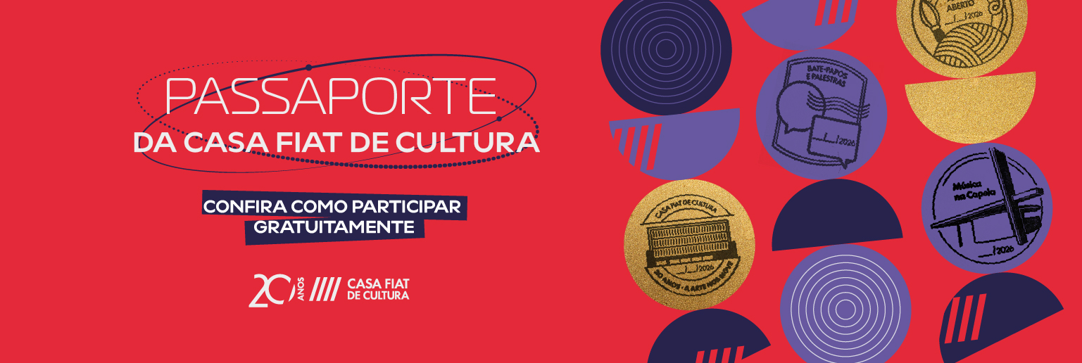 Imagem com fundo vermelho e aplicação de carimbos disponíveis para o Passaporte de 20 anos da Casa Fiat de Cultura.