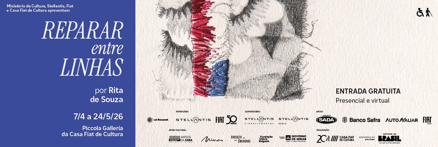 Banner de divulgação da exposição "Reparar entre linhas" com informações da exposição e detalhe de obra.