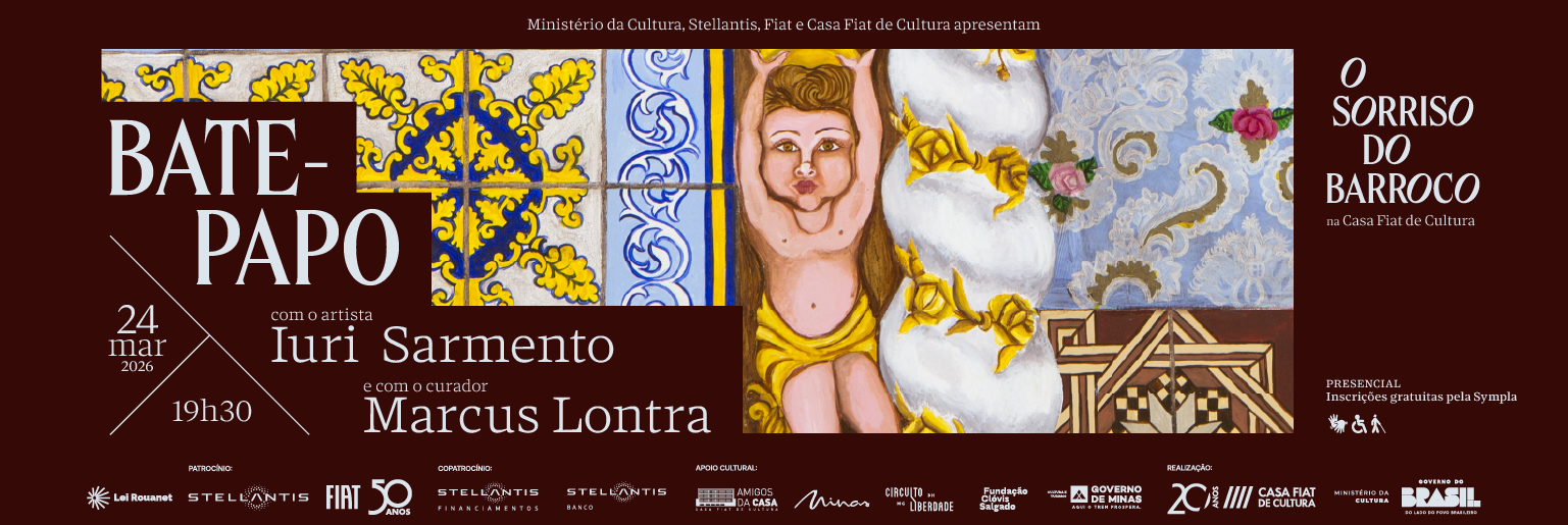 Banner de divulgação do bate-papo com Iuri Sarmento e Marcus Lontra. Fundo marrom avermelhado com aplicação de obra com anjo barroco.