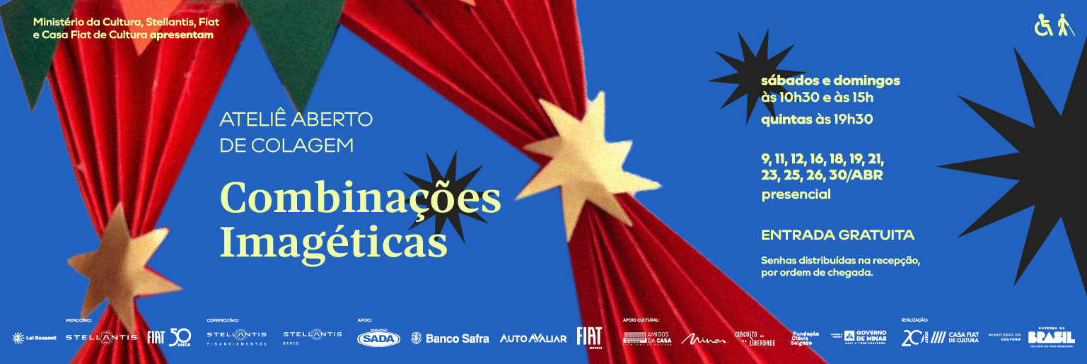 Banner do Ateliê Aberto de Colagem “Combinações Imagéticas”, com fundo azul e elementos gráficos coloridos. Atividade presencial gratuita em abril, com datas e horários variados, na Casa Fiat de Cultura.
