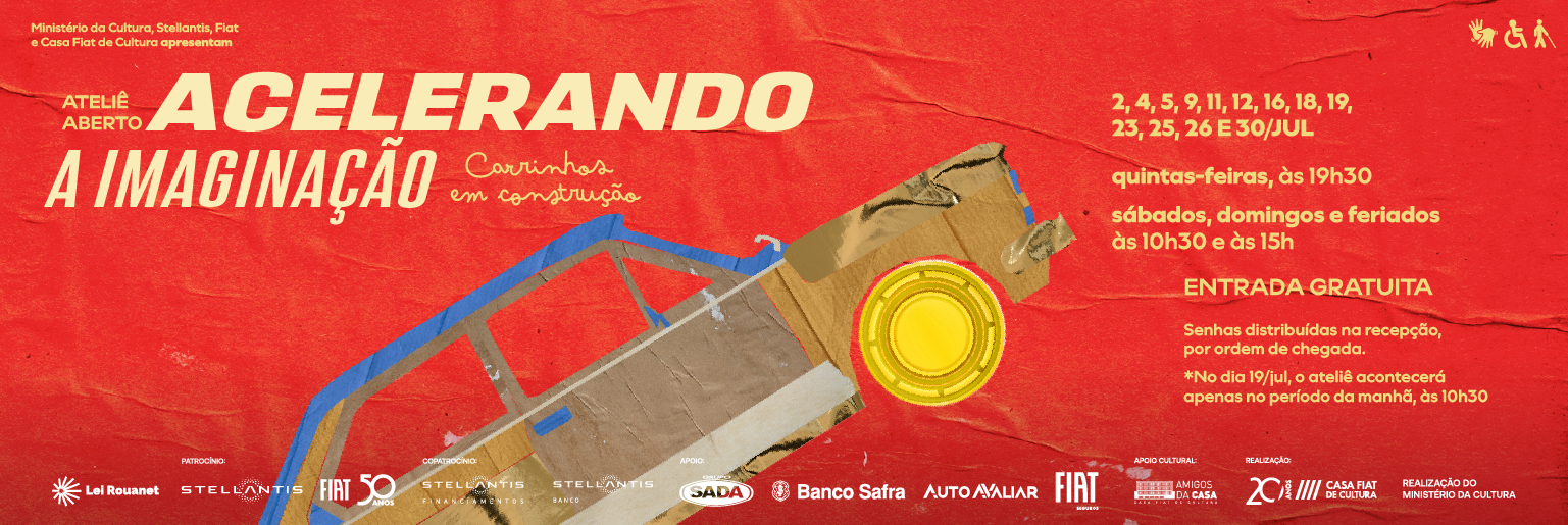 Cartaz vermelho do Ateliê Aberto “Acelerando a imaginação: carrinhos em construção”, com carrinho feito de papelão em destaque e informações sobre datas, horários e entrada gratuita.