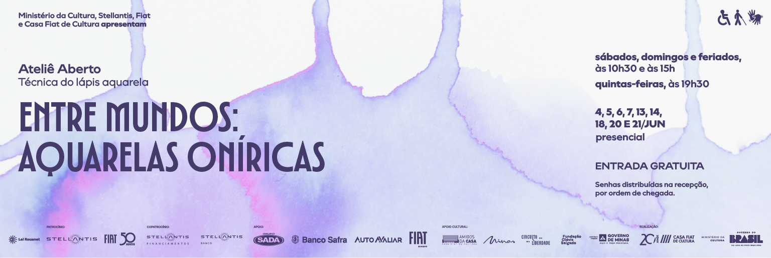 Cartaz em tons suaves de aquarela com manchas abstratas, divulgando o ateliê “Entre mundos: aquarelas oníricas”, com datas, horários e entrada gratuita.