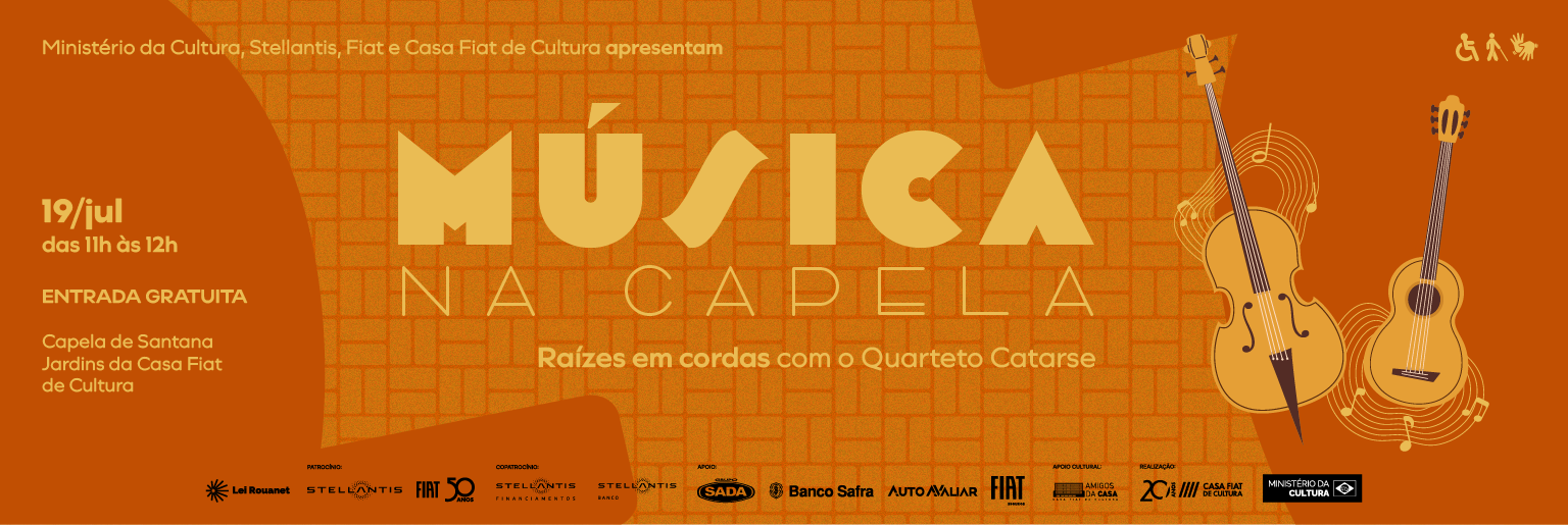 Cartaz do projeto Música na Capela, em tons de laranja, com ilustrações de violino e violão, divulgando o concerto “Raízes em cordas”, do Quarteto Catarse, em 19 de julho, na Capela de Santana, com entrada gratuita.