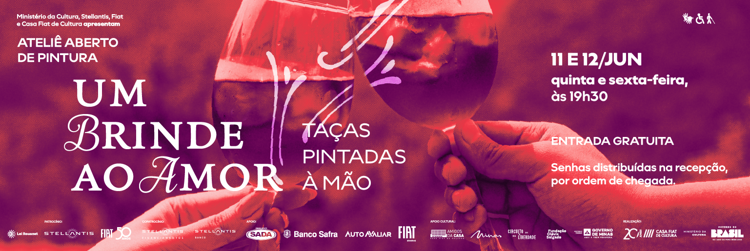 Cartaz em tons de roxo e vermelho com duas taças brindando, divulgando o ateliê “Um brinde ao amor”, de pintura em taças, com data (11 e 12/jun) e entrada gratuita.