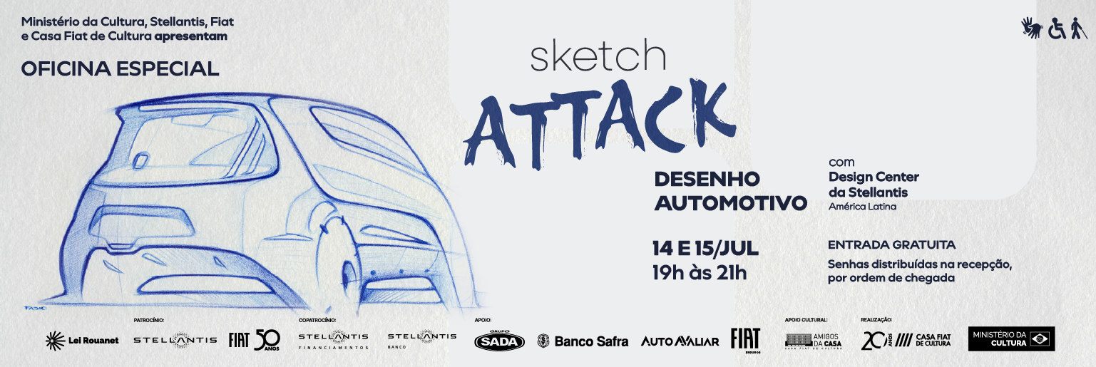 Cartaz da oficina especial “Sketch Attack – Desenho Automotivo”, com esboço azul de um automóvel, informações sobre datas (14 e 15 de julho), horário e entrada gratuita.