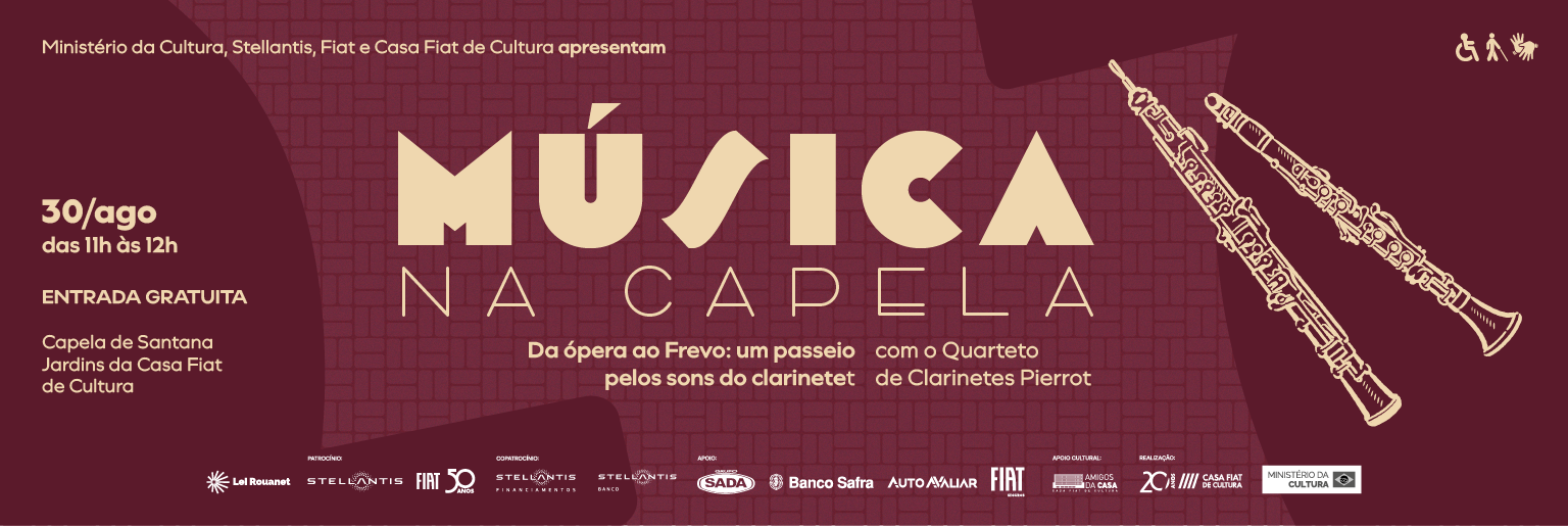 Cartaz em tons de vinho com padrão geométrico ao fundo, divulgando o projeto Música na Capela. O texto informa a apresentação “Da ópera ao frevo: um passeio pelos sons do clarinete”, com o Quarteto de Clarinetes Pierrot. À direita, há ilustrações de dois clarinetes em traços claros. À esquerda, aparecem data, horário, local e informação de entrada gratuita. Forneça seus comentários sobre o BizChat