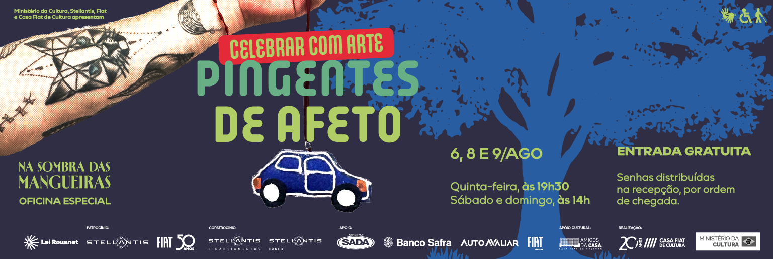 Cartaz em fundo azul-escuro com ilustração de árvore. Um braço tatuado segura um pingente em formato de carro azul pendurado por cordão vermelho, divulgando oficina especial gratuita.