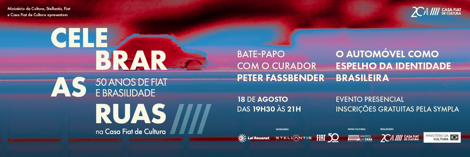 Cartaz em tons de azul e vermelho com imagem desfocada de um automóvel em movimento. A silhueta de um carro aparece ao centro, acompanhada de informações sobre bate-papo da exposição Celebrar as Ruas.