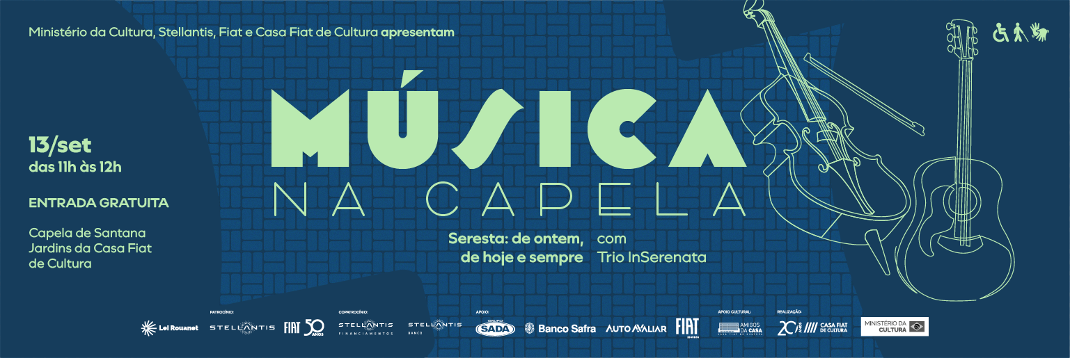 Cartaz azul do projeto Música na Capela, com ilustrações de violino e violão e informações sobre apresentação musical gratuita na Capela de Santana.